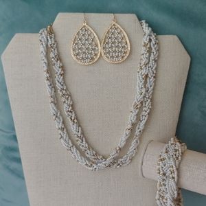 White Seed Bead Necklace, Bracelet and Earring Set